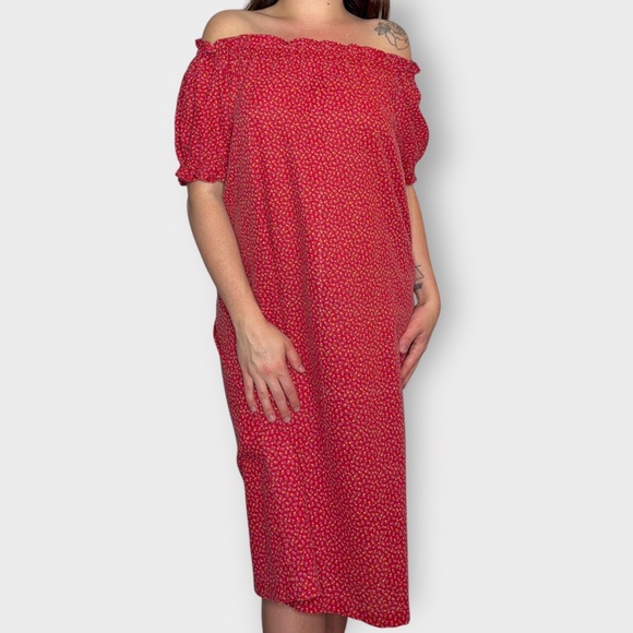 Vintage 1990s Home Sewn Red Cotton Mini Floral Relaxed Fit Midi Dress - Picture 2 of 5